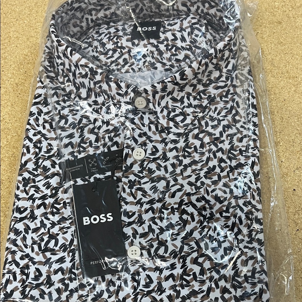 New Boss $138 Men's Abstract Pattern long sleeve Shirt - Black, White, and Brown